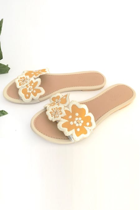 Buy_Sole House_Yellow Floral Embroidered Sliders _Online_at_Aza_Fashions