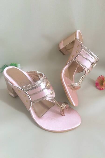 Sole House_Pink Rhinestones, Embroidery Kolhapuri Block Heels _Online_at_Aza_Fashions