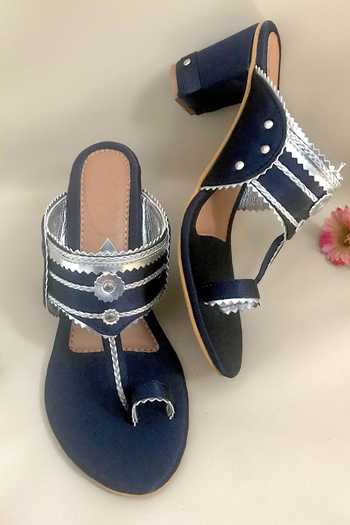 Sole House Navy Blue Embroidered Kolhapuri Block Heels 