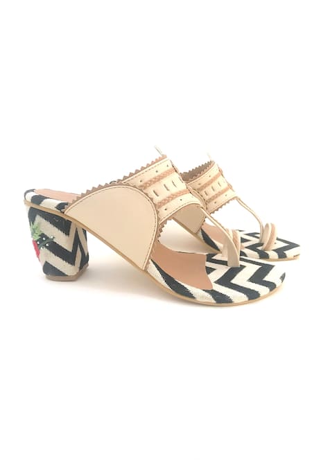 Shop_Sole House_Beige Embroidery Jacquard Floral Kolhapuri Wedges _Online_at_Aza_Fashions