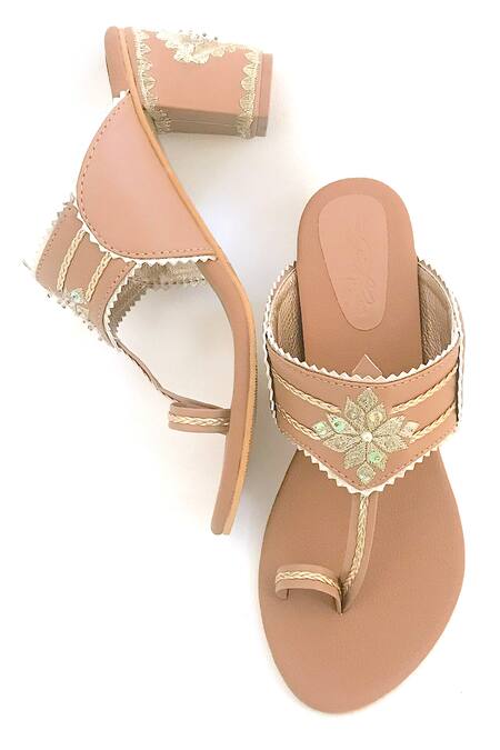 Buy_Sole House_Beige Embroidery, Cut Work Kolhapuri Block Heels _Online_at_Aza_Fashions