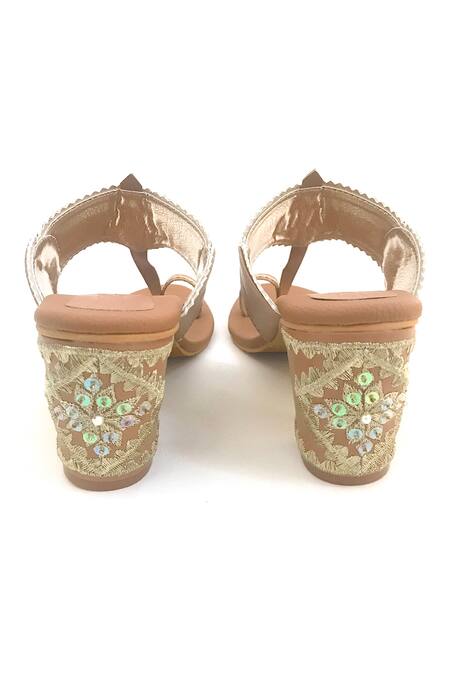 Shop_Sole House_Beige Embroidery, Cut Work Kolhapuri Block Heels _Online_at_Aza_Fashions