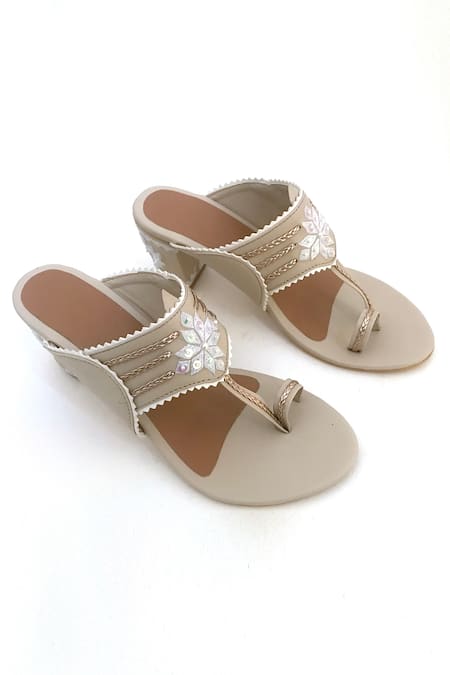 Buy_Sole House_Beige Embroidery, Sequins Kolhapuri Block Heels _Online_at_Aza_Fashions