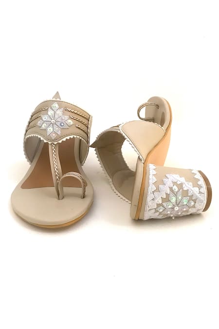 Sole House_Beige Embroidery, Sequins Kolhapuri Block Heels _Online_at_Aza_Fashions