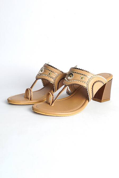Sole House_Beige Embroidery, Cut Work Kolhapuri Block Heels _Online_at_Aza_Fashions