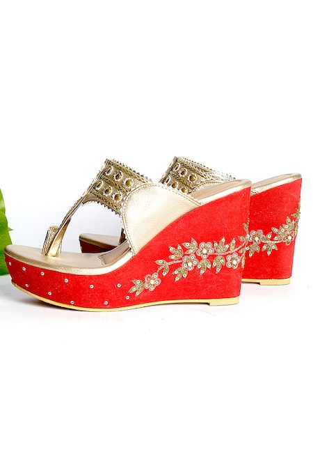 Sole House_Gold Floral Kolhapuri Embroidered Wedges _Online_at_Aza_Fashions