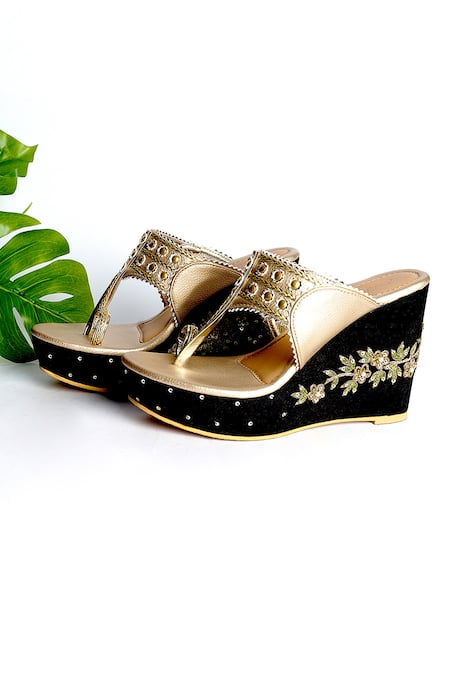 Sole House Gold Embroidered Floral Kolhapuri Wedges
