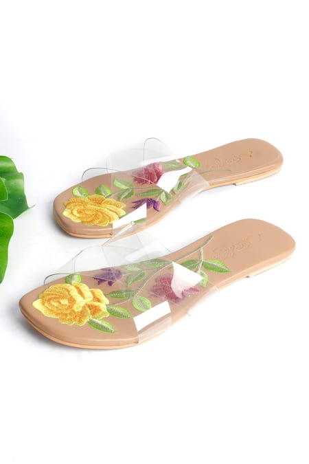 Sole House_Beige Clear Strap Embroidered Sliders _Online_at_Aza_Fashions