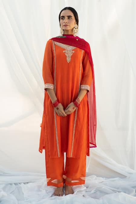 Apeksha Jain Label Orange Chanderi Hand Embroidered Thread Work Jewel Neck Kurta Set 