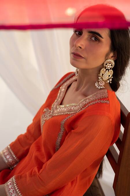 Shop_Apeksha Jain Label_Orange Chanderi, Crepe, Chiffon Thread , Knot Embroidered Kurta Set_Online_at_Aza_Fashions
