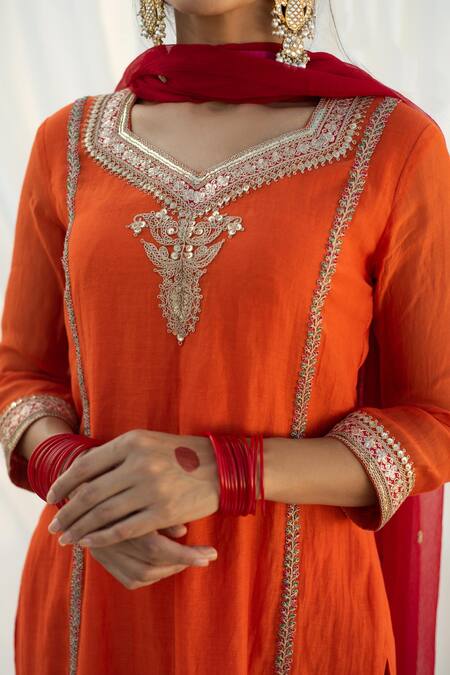Apeksha Jain Label_Orange Chanderi, Crepe, Chiffon Thread , Knot Embroidered Kurta Set_at_Aza_Fashions