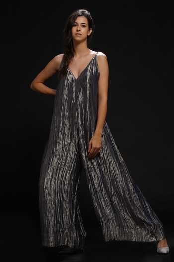 Aditya Sikand Grey 50 % Silk Plain Jumpsuit V Neck Metallic With Jacket Online at Aza Fashions Aditya Sikand_Grey 50 % Silk Plain Jumpsuit V Neck Metallic With Jacket _Online_at_Aza_Fashions
