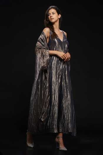 Shop Aditya Sikand Grey 50 % Silk Plain Jumpsuit V Neck Metallic With Jacket Online at Aza Fashions Shop_Aditya Sikand_Grey 50 % Silk Plain Jumpsuit V Neck Metallic With Jacket _Online_at_Aza_Fashions