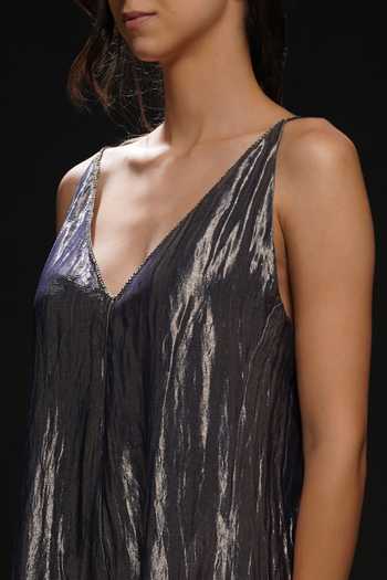 Aditya Sikand Grey 50 % Silk Plain Jumpsuit V Neck Metallic With Jacket at Aza Fashions Aditya Sikand_Grey 50 % Silk Plain Jumpsuit V Neck Metallic With Jacket _at_Aza_Fashions