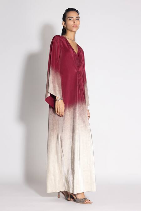 Buy_431-88 By Shweta Kapur_Maroon V-neck Midnight Ombre Effect Gown_Online_at_Aza_Fashions