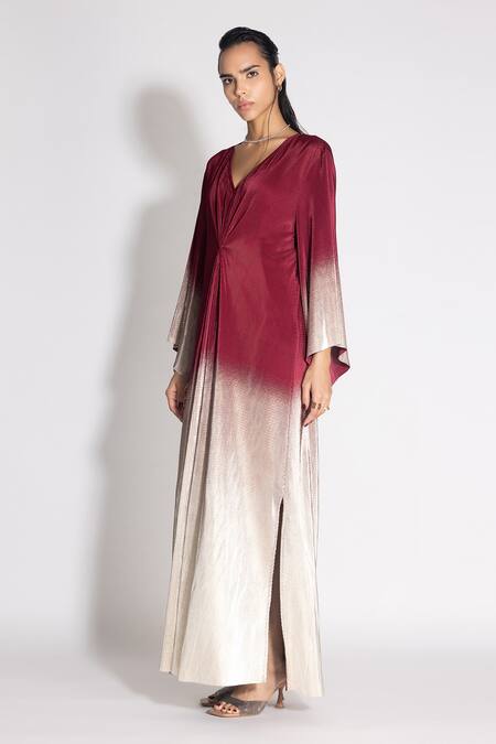 Shop_431-88 By Shweta Kapur_Maroon V-neck Midnight Ombre Effect Gown_Online_at_Aza_Fashions