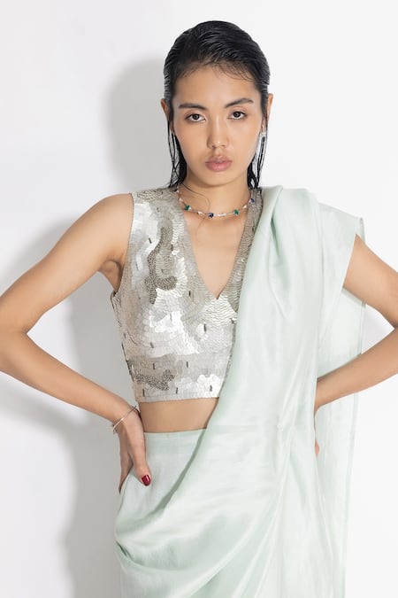 Buy_431-88 By Shweta Kapur_Green Silk, Cotton Sequins V-neck Masai Godet Pre-draped Saree With Blouse_Online_at_Aza_Fashions