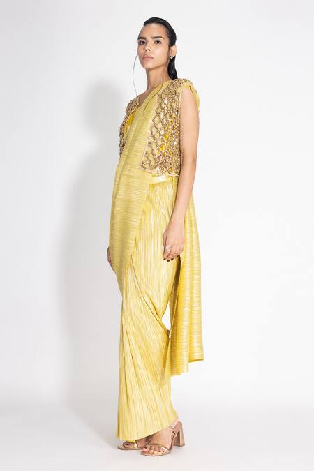431-88 By Shweta Kapur Yellow Silk Crystals Round Neck Metallic Pre-draped Saree And Honeycomb Jacket Set Online at Aza Fashions 431-88 By Shweta Kapur_Yellow Silk Crystals Round Neck Metallic Pre-draped Saree And Honeycomb Jacket Set_Online_at_Aza_Fashions