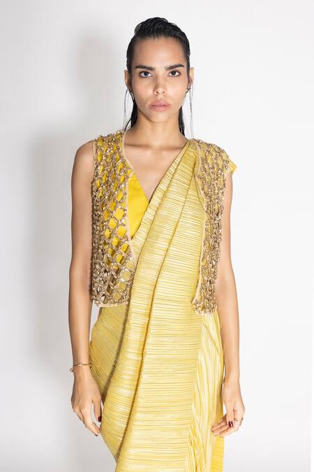 Buy 431-88 By Shweta Kapur Yellow Silk Crystals Round Neck Metallic Pre-draped Saree And Honeycomb Jacket Set Online at Aza Fashions Buy_431-88 By Shweta Kapur_Yellow Silk Crystals Round Neck Metallic Pre-draped Saree And Honeycomb Jacket Set_Online_at_Aza_Fashions