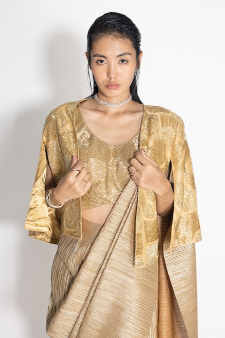 431-88 By Shweta Kapur Gold Silk Cut Work V-neck Pre-draped Saree And Cutdana Embellished Cape Set Online at Aza Fashions 431-88 By Shweta Kapur_Gold Silk Cut Work V-neck Pre-draped Saree And Cutdana Embellished Cape Set_Online_at_Aza_Fashions