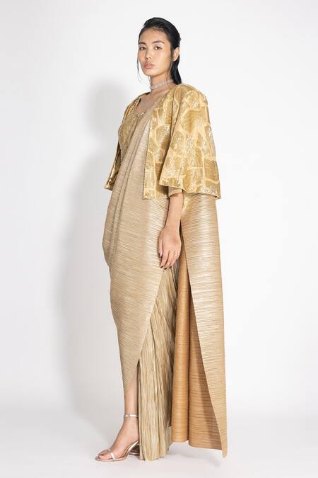 Buy 431-88 By Shweta Kapur Gold Silk Cut Work V-neck Pre-draped Saree And Cutdana Embellished Cape Set Online at Aza Fashions Buy_431-88 By Shweta Kapur_Gold Silk Cut Work V-neck Pre-draped Saree And Cutdana Embellished Cape Set_Online_at_Aza_Fashions