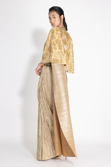 Shop 431-88 By Shweta Kapur Gold Silk Cut Work V-neck Pre-draped Saree And Cutdana Embellished Cape Set Online at Aza Fashions Shop_431-88 By Shweta Kapur_Gold Silk Cut Work V-neck Pre-draped Saree And Cutdana Embellished Cape Set_Online_at_Aza_Fashions