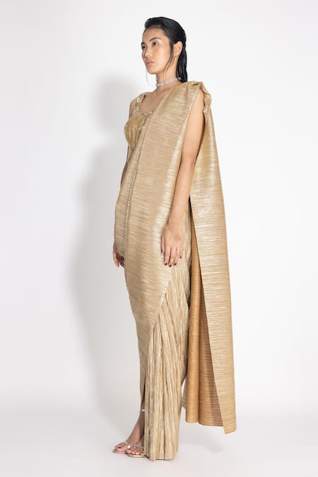 Buy_431-88 By Shweta Kapur_Gold Pleated Silk Embellished Metallic Pre-draped Saree With Blouse  _Online_at_Aza_Fashions