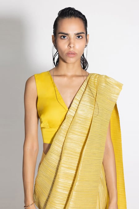 431-88 By Shweta Kapur Yellow Silk Plunge Neck Pre-draped Saree With Blouse Online at Aza Fashions 431-88 By Shweta Kapur_Yellow Silk Plunge Neck Pre-draped Saree With Blouse_Online_at_Aza_Fashions