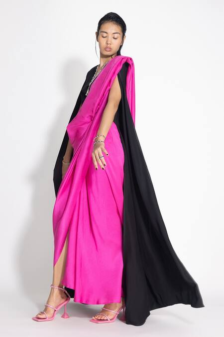 431-88 By Shweta Kapur_Black Silk, Crepe V-neck Masai Godet Saree With Neha Cape Top_Online_at_Aza_Fashions