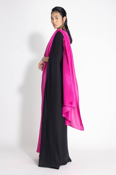 Buy_431-88 By Shweta Kapur_Black Silk, Crepe V-neck Masai Godet Saree With Neha Cape Top_Online_at_Aza_Fashions