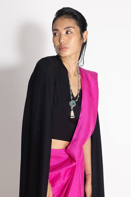 Shop_431-88 By Shweta Kapur_Black Silk, Crepe V-neck Masai Godet Saree With Neha Cape Top_Online_at_Aza_Fashions