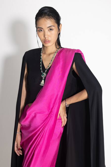 431-88 By Shweta Kapur_Black Silk, Crepe V-neck Masai Godet Saree With Neha Cape Top_at_Aza_Fashions