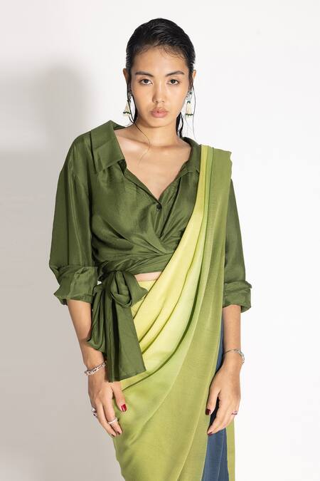 Buy 431-88 By Shweta Kapur Green Silk, Chiffon, Satin Collared Ombre Effect Saree With Kim Shirt Online at Aza Fashions Buy_431-88 By Shweta Kapur_Green Silk, Chiffon, Satin Collared Ombre Effect Saree With Kim Shirt_Online_at_Aza_Fashions