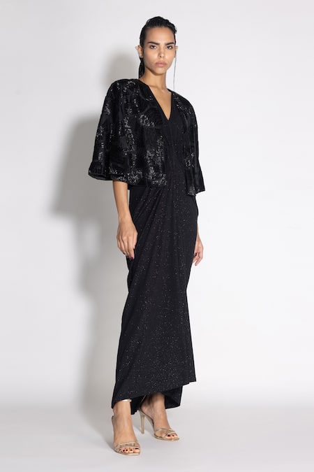 431-88 By Shweta Kapur Black Silk, Jersey Cut Work V-neck Pleated Gown With Cutdana Embellished Cape Online at Aza Fashions 431-88 By Shweta Kapur_Black Silk, Jersey Cut Work V-neck Pleated Gown With Cutdana Embellished Cape_Online_at_Aza_Fashions