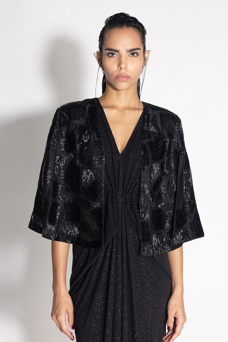 Buy 431-88 By Shweta Kapur Black Silk, Jersey Cut Work V-neck Pleated Gown With Cutdana Embellished Cape Online at Aza Fashions Buy_431-88 By Shweta Kapur_Black Silk, Jersey Cut Work V-neck Pleated Gown With Cutdana Embellished Cape_Online_at_Aza_Fashions