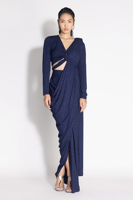 431-88 By Shweta Kapur_Blue Jersey Sequins V-neck Pre-draped Shimmer Finish Saree With Top_Online_at_Aza_Fashions