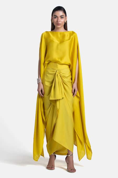Buy_431-88 By Shweta Kapur_Yellow Silk Slit Sleeve Cape_Online_at_Aza_Fashions