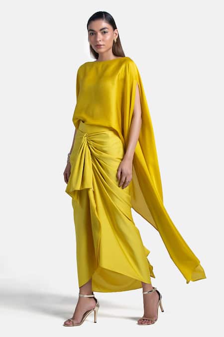 Shop_431-88 By Shweta Kapur_Yellow Silk Slit Sleeve Cape_Online_at_Aza_Fashions