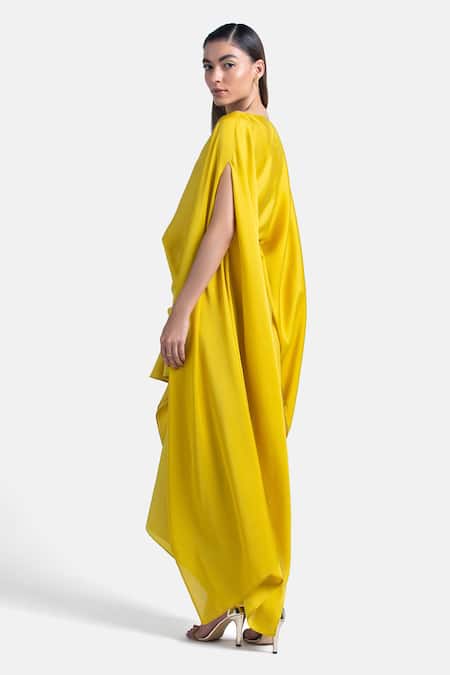 431-88 By Shweta Kapur_Yellow Silk Slit Sleeve Cape_at_Aza_Fashions