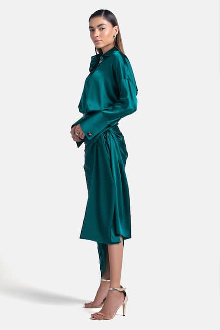 Buy Green Silk Satin Tie Up Draped Skirt For Women by 431-88