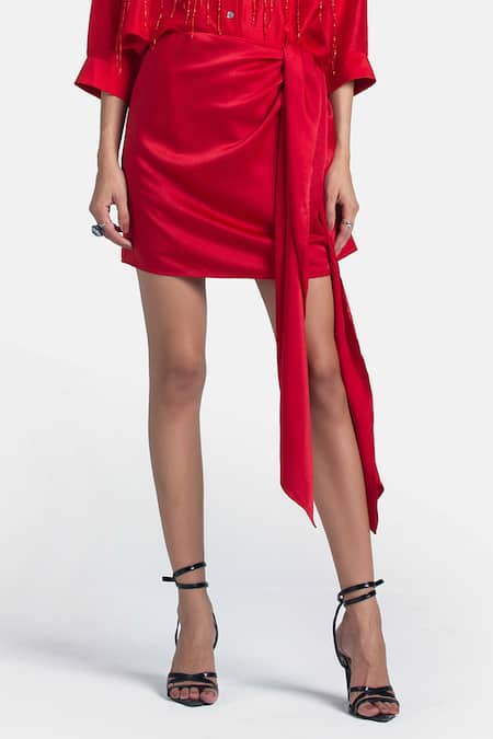 431-88 By Shweta Kapur Red Satin Sera Mini Skirt Online at Aza Fashions 431-88 By Shweta Kapur_Red Satin Sera Mini Skirt_Online_at_Aza_Fashions