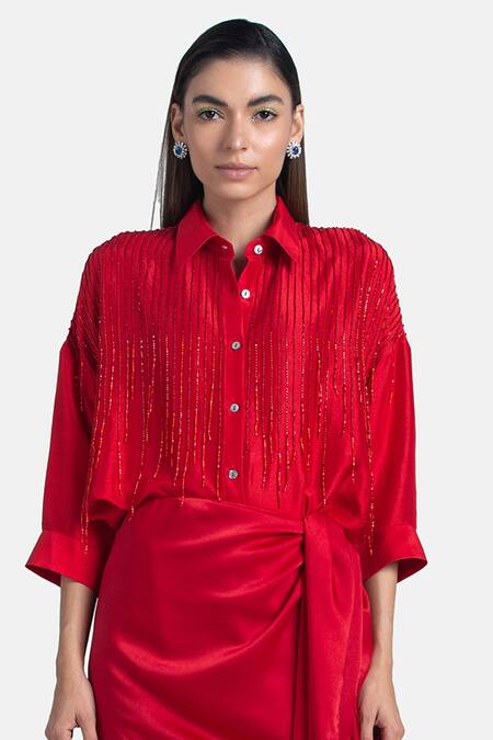 431-88 By Shweta Kapur Red Silk Embroidery Collared Streamlined Shirt Online at Aza Fashions 431-88 By Shweta Kapur_Red Silk Embroidery Collared Streamlined Shirt_Online_at_Aza_Fashions