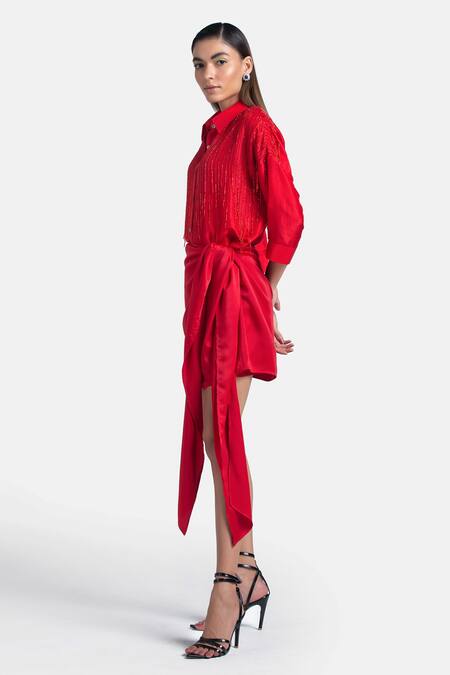 Buy 431-88 By Shweta Kapur Red Silk Embroidery Collared Streamlined Shirt Online at Aza Fashions Buy_431-88 By Shweta Kapur_Red Silk Embroidery Collared Streamlined Shirt_Online_at_Aza_Fashions