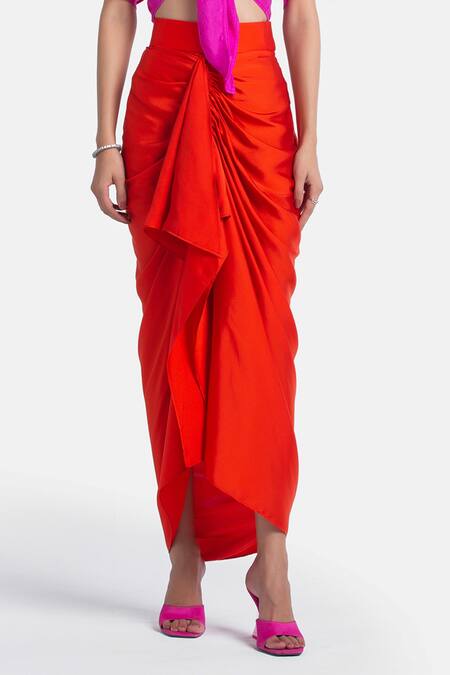 431-88 By Shweta Kapur_Orange Satin Samara Draped Skirt_Online_at_Aza_Fashions
