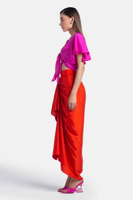 Buy_431-88 By Shweta Kapur_Orange Satin Samara Draped Skirt_Online_at_Aza_Fashions
