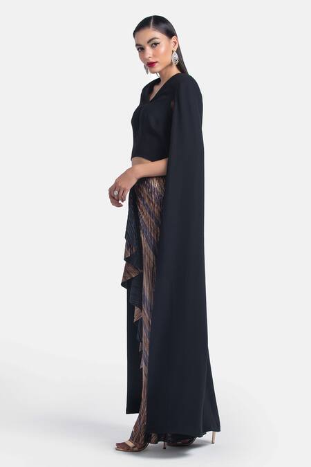 Shop_431-88 by Shweta Kapur_Black Japanese Crepe Plain V Neck Neha Fall Drape Cape  _Online_at_Aza_Fashions