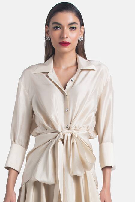 431-88 By Shweta Kapur_Beige Silk Crystals Collared Ace Shirt _Online_at_Aza_Fashions