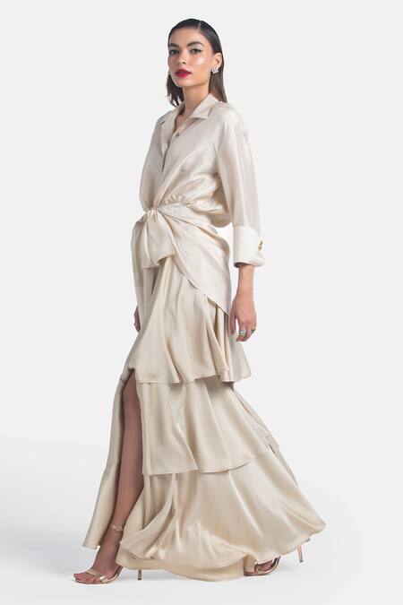 Buy_431-88 By Shweta Kapur_Beige Silk Crystals Collared Ace Shirt _Online_at_Aza_Fashions