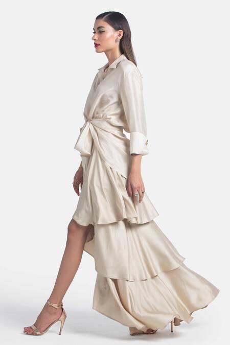 Shop_431-88 By Shweta Kapur_Beige Silk Crystals Collared Ace Shirt _Online_at_Aza_Fashions