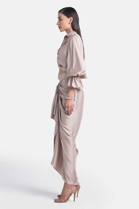 431-88 By Shweta Kapur_Beige Satin Samara Skirt_Online_at_Aza_Fashions